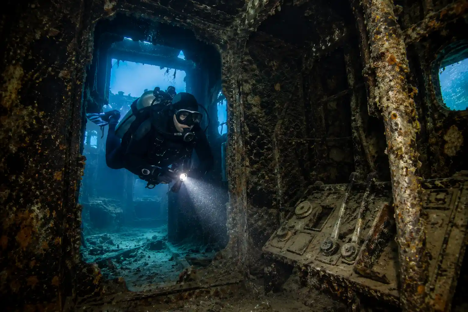 Technical diver entering shipwreck penetration Red Sea wreck diving